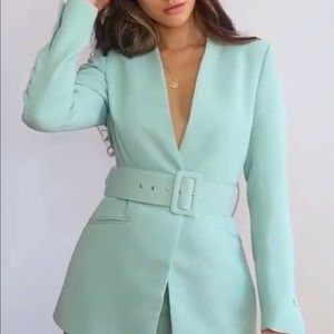 Zara Lapelless Green Belted Blazer